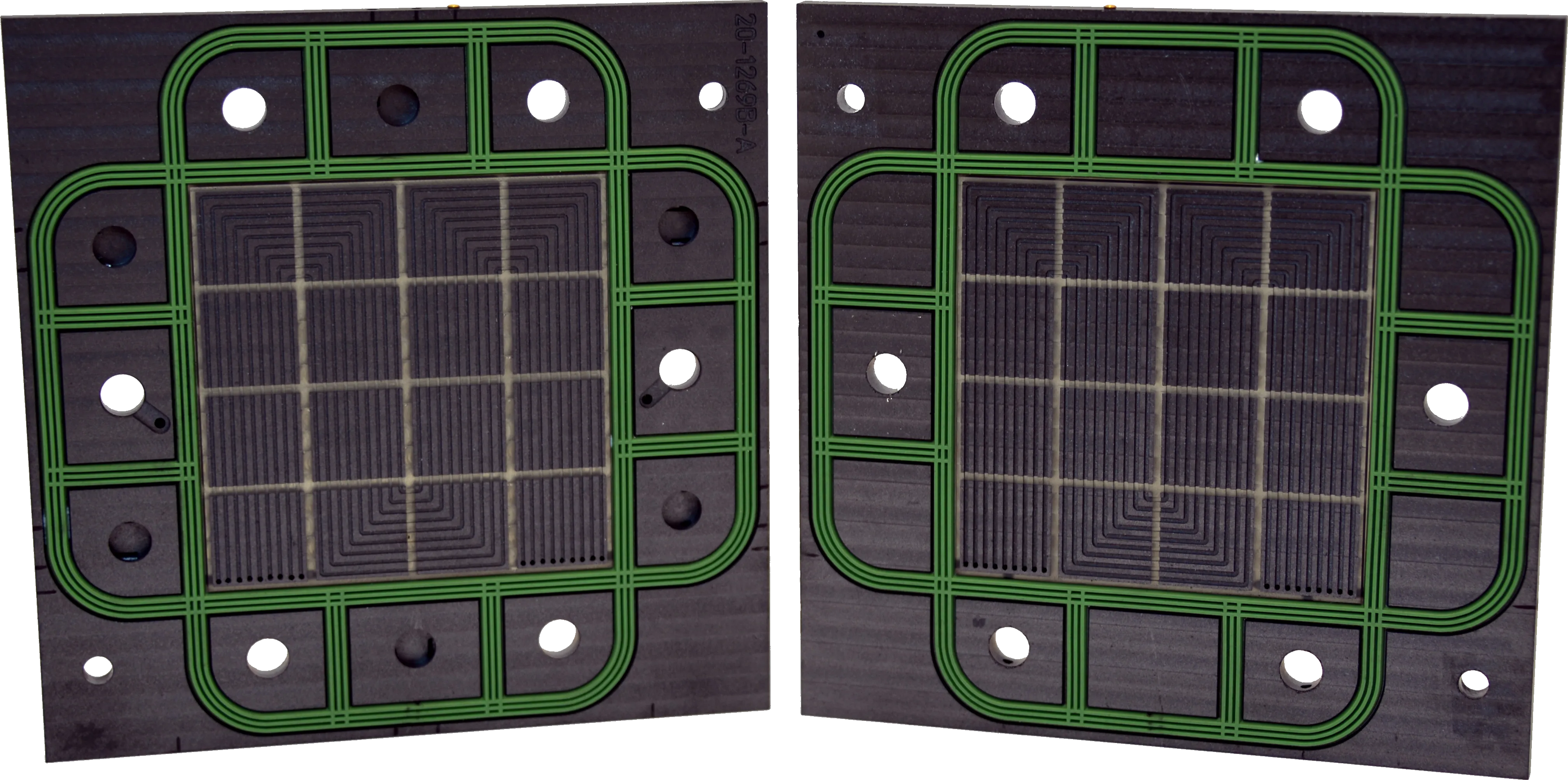A photograph of segmented fuel cell bipolar plates. By Devin Todd.