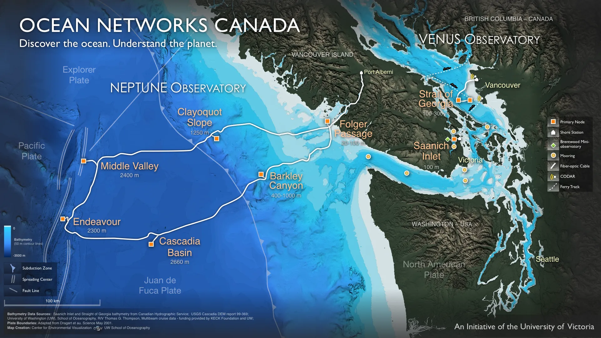 An illustration of Ocean Networks Canada's VENUS observatory showing the location of the Cascadia Basin site. By Ocean Networks Canada used under fair-use.