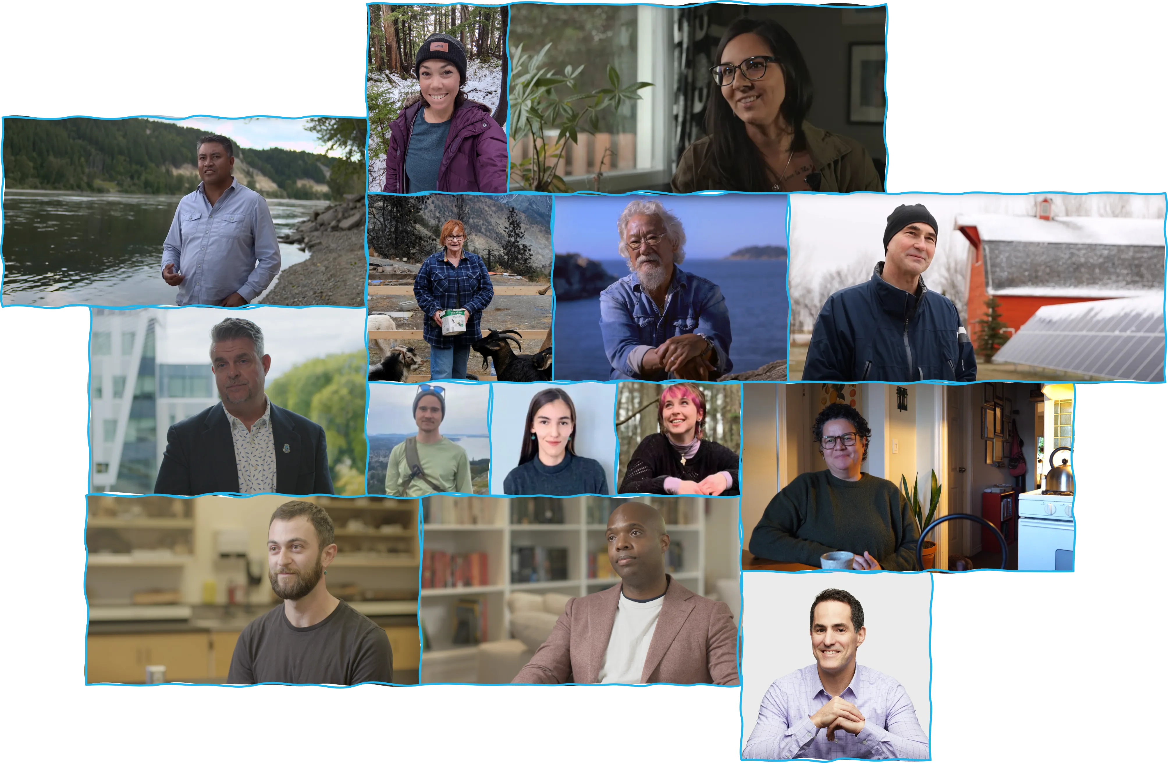 A collage of persons whose perspectives are shared in the course. From: Devin Todd, Vanessa Lueck, Rene Suša, Jade Chicorelli, Adriaan Bogaard. 2024. Climate Insights Course. Pacific Institute for Climate Solutions.