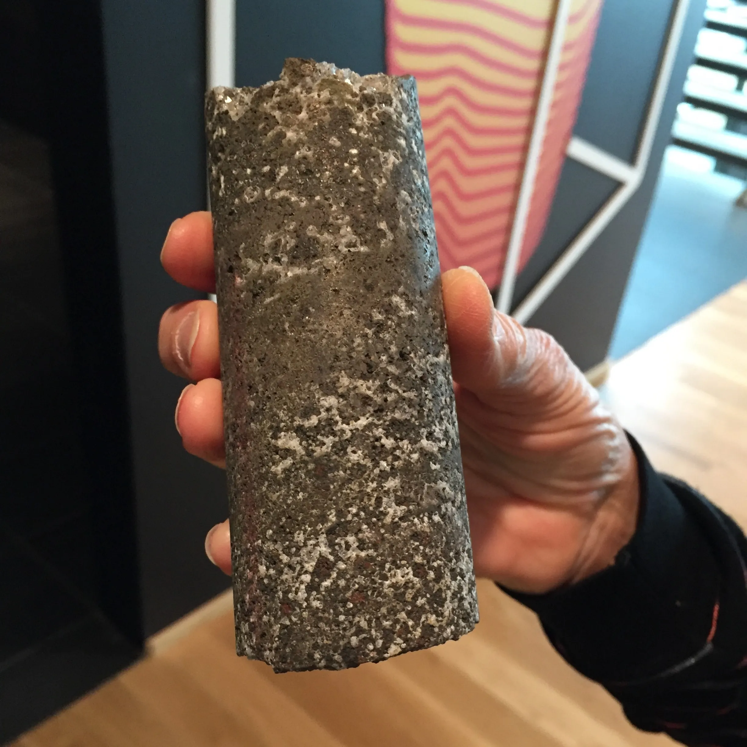 A photograph of solid carbonates in basalt from the onshore CarbFix project. By the Pacific Institute for Climate Solutions used under fair-use.