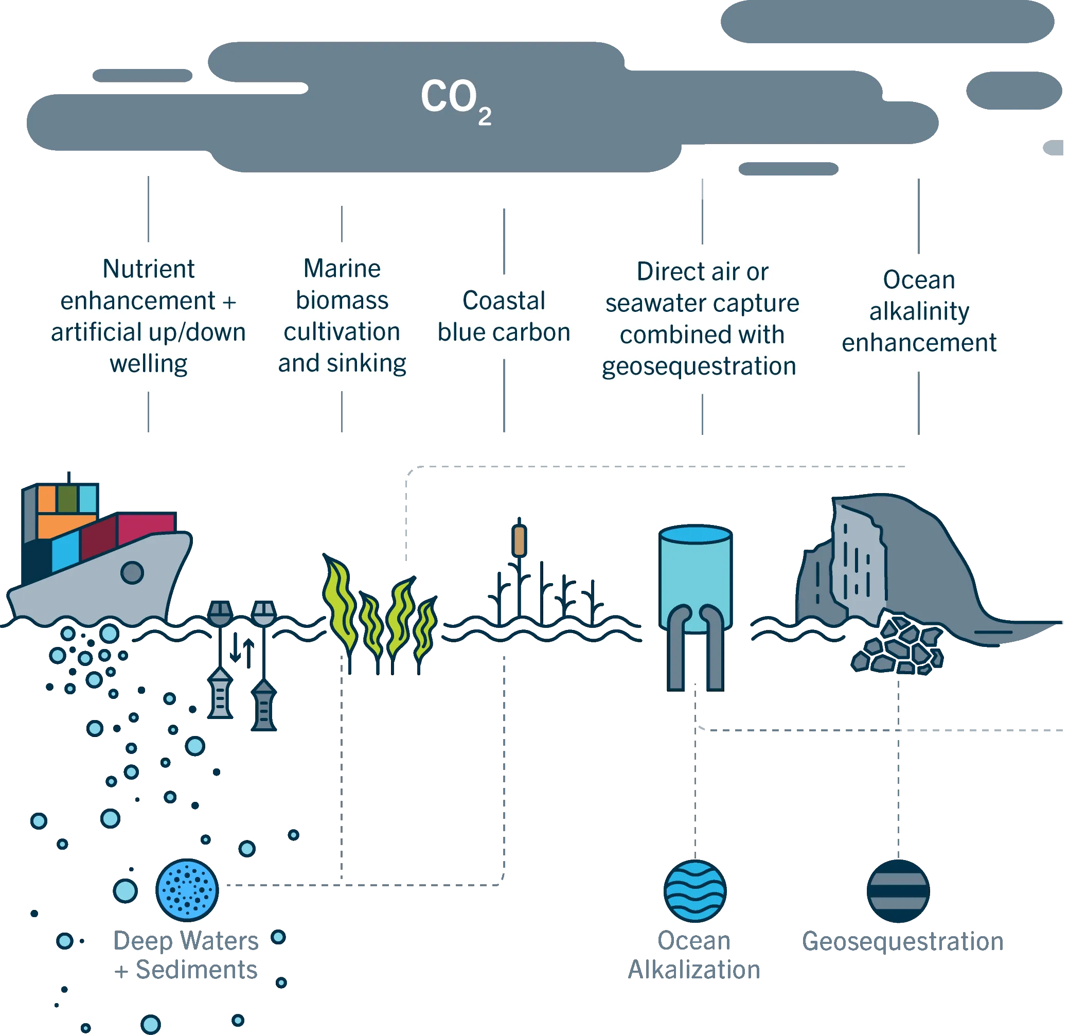 A illustration of different marine carbon dioxide removal methods. Adapted from: Devin Todd, Vanessa Lueck, Rene Suša, Jade Chicorelli, Adriaan Bogaard. 2024. Climate Insights Course. Pacific Institute for Climate Solutions.