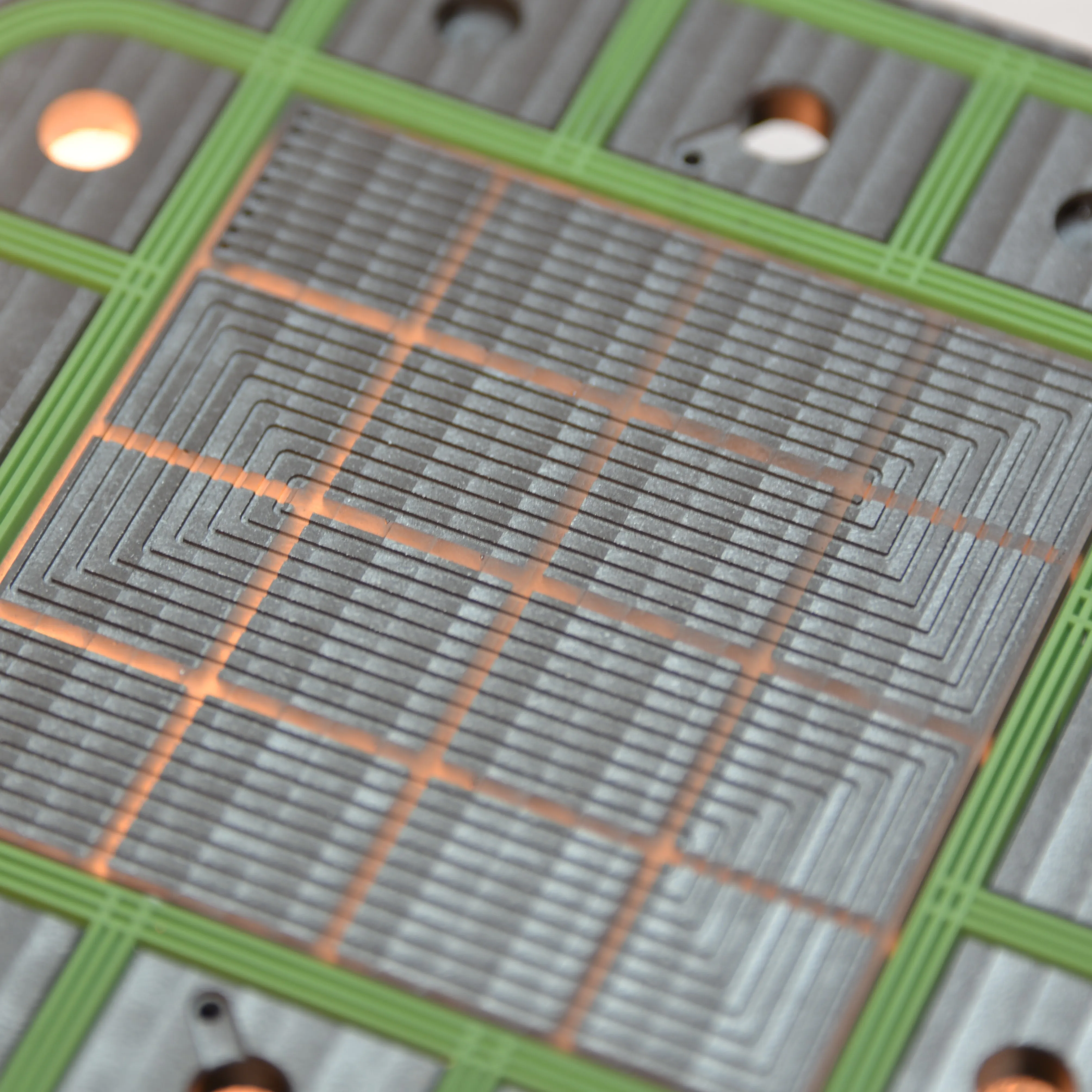 A photograph of a segmented fuel cell bipolar plate. By Devin Todd.